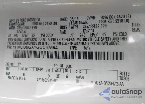 2016 Ford Escape Se z USA, uszkodzony, nr VIN 1FMCU0GX1GUC67554